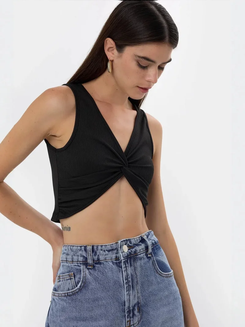 HICCUP Solid Rib Twist Front Crop Top