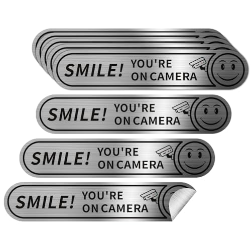 LEMBANG 8 pieces Smile Youre On Camera Stickers for Cars Brushed Silver 24 Hour Video Surveillance Sign Sticker5inx1in - Image 1