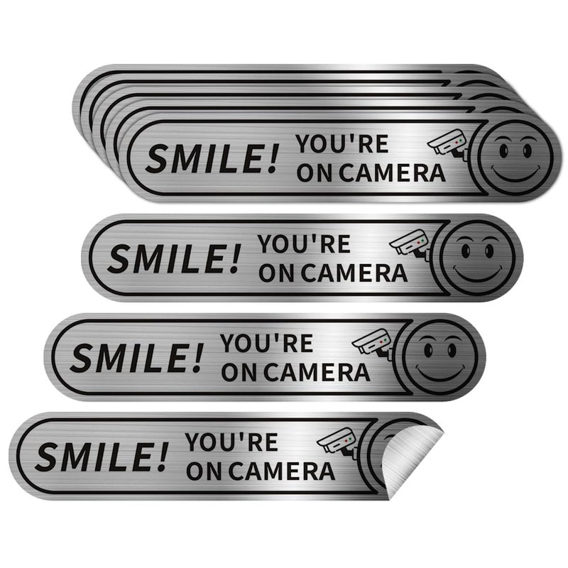 LEMBANG 8 pieces Smile Youre On Camera Stickers for Cars Brushed Silver 24 Hour Video Surveillance Sign Sticker5inx1in - Image 3