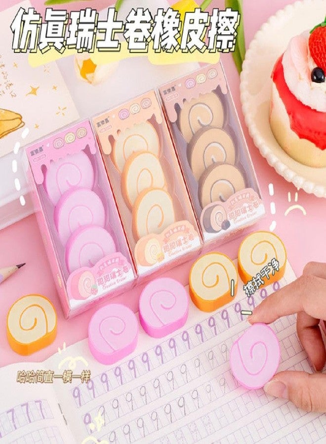 PRAYAN ENTERPRISE Kawaii Cake Roll Erasers – Cute Food Shaped Erasers for Kids, Fun Novelty Stationery Set for School, Party Favors, Collectibles (3 Set-9 PEC) - Image 2