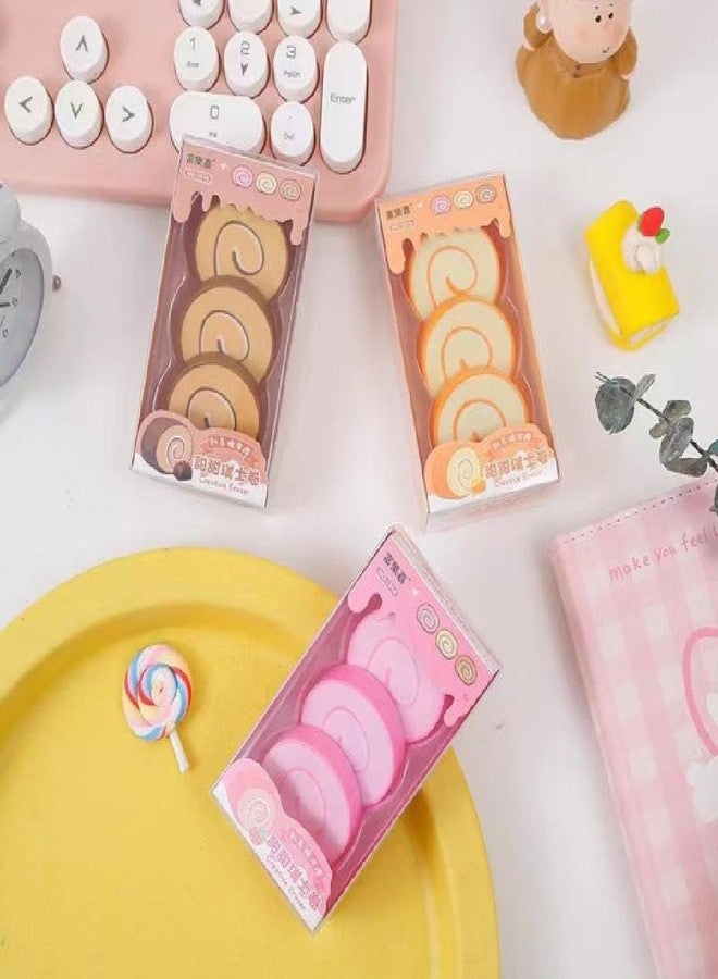 PRAYAN ENTERPRISE Kawaii Cake Roll Erasers – Cute Food Shaped Erasers for Kids, Fun Novelty Stationery Set for School, Party Favors, Collectibles (3 Set-9 PEC) - Image 1