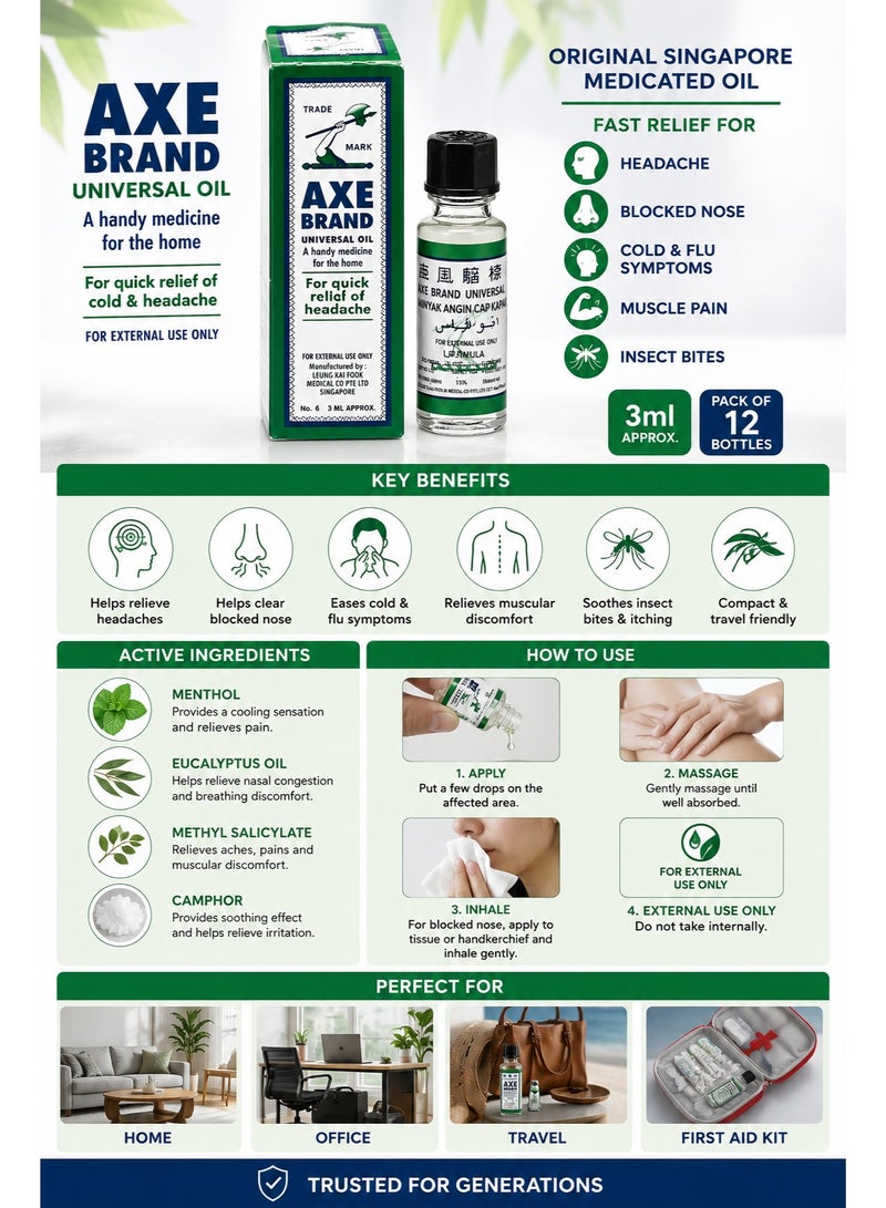 AXE BRAND Universal Oil 3ml Pack of 12 | Original Singapore Medicated Oil | Fast Relief for Headache, Cold, Blocked Nose, Muscle Pain & Insect Bites - Image 2