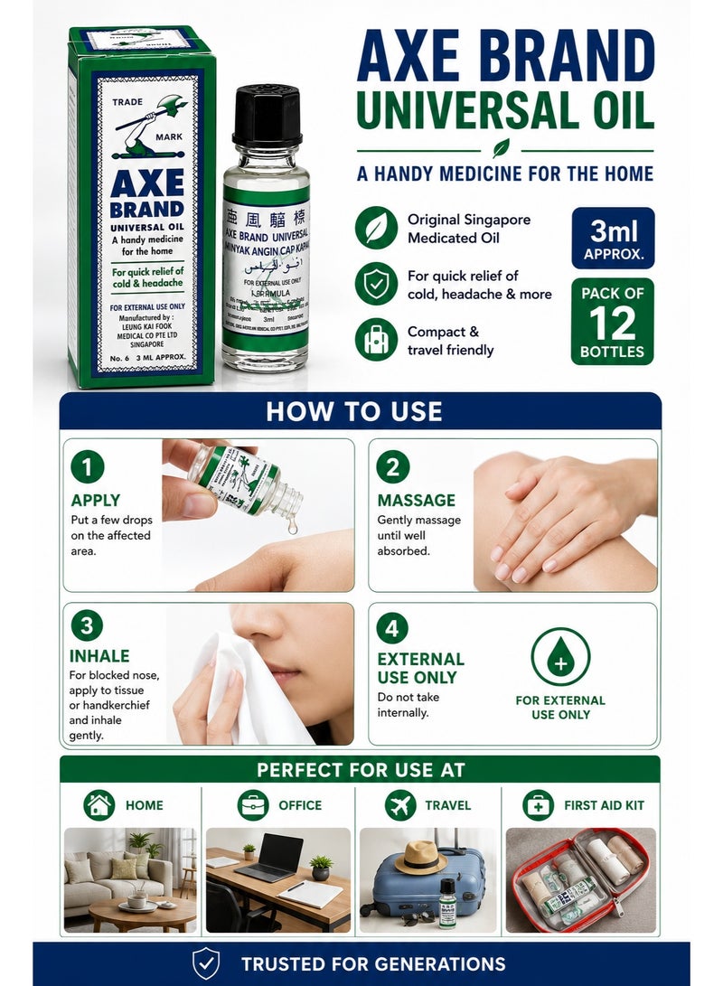 AXE BRAND Universal Oil 3ml Pack of 12 | Original Singapore Medicated Oil | Fast Relief for Headache, Cold, Blocked Nose, Muscle Pain & Insect Bites - Image 4