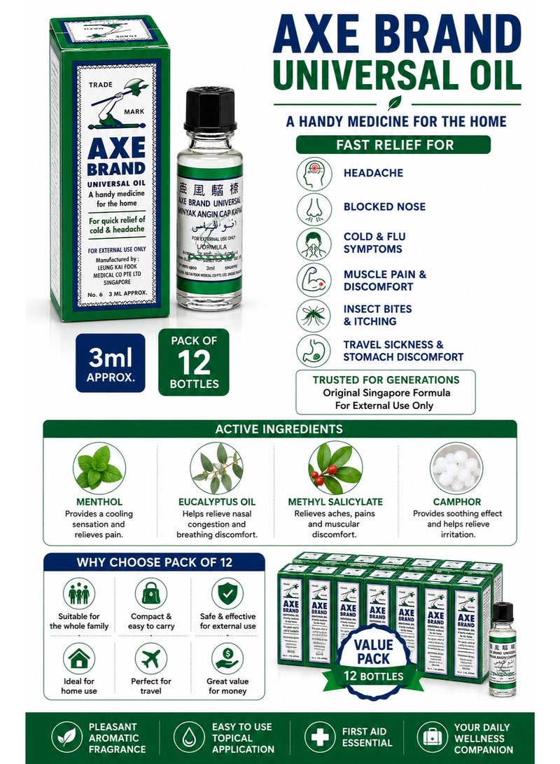 AXE BRAND Universal Oil 3ml Pack of 12 | Original Singapore Medicated Oil | Fast Relief for Headache, Cold, Blocked Nose, Muscle Pain & Insect Bites - Image 5