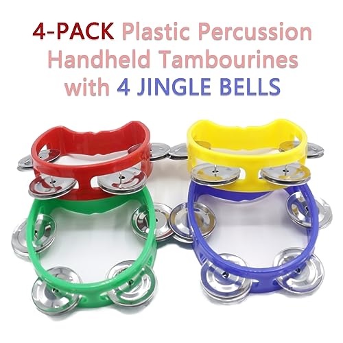 Cheerock 4-Pack Plastic Percussion Handheld Tambourines with 4 Jingle Bells, Mini Rhythm Instruments in 4 Colors for Practice, Rehearsal and Performance - Image 2