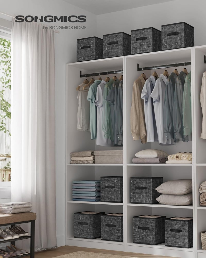 SONGMICS Storage Cubes, 11-Inch Non-Woven Fabric Bins with Double Handles, Set of 10, Closet Organizers for Shelves, Foldable, for Clothes, Ink Black - Image 2