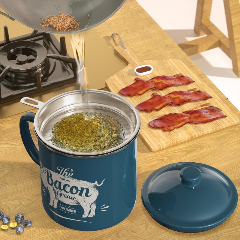 PGYARD Bacon Grease Container With Strainer, 46OZ Large Enamel Grease Container, With Silicone Spatula, Farmhouse Bacon Grease Keeper, Cooking Oil Container For Kitchen Fat Storage, Dishwasher Safe-Blue - Image 4