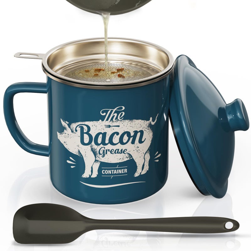 PGYARD Bacon Grease Container With Strainer, 46OZ Large Enamel Grease Container, With Silicone Spatula, Farmhouse Bacon Grease Keeper, Cooking Oil Container For Kitchen Fat Storage, Dishwasher Safe-Blue - Image 1