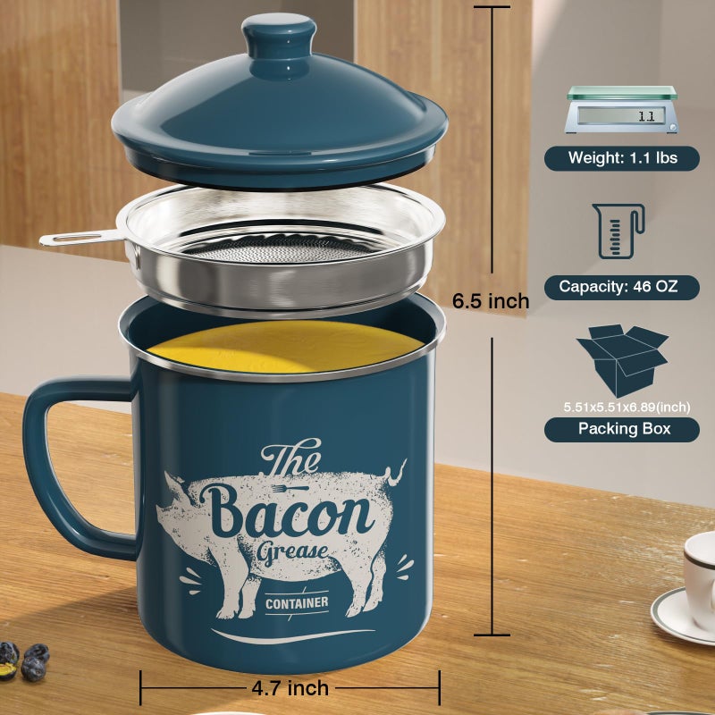 PGYARD Bacon Grease Container With Strainer, 46OZ Large Enamel Grease Container, With Silicone Spatula, Farmhouse Bacon Grease Keeper, Cooking Oil Container For Kitchen Fat Storage, Dishwasher Safe-Blue - Image 2