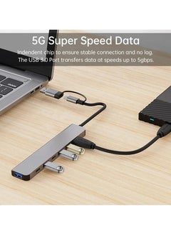 SQURE 7-in-1 USB-C Multiport Adapter – Includes high-speed USB ports + 2 USB-C ports for charging and data transfer – Transfer speed up to 5Gbps – Sleek and durable aluminum design – Supports charging up to 4 devices simultaneously – Compatible with MacBook, Dell, HP, Lenovo, Samsung, Huawei, iPad Pro, and smartphones – Perfect for office and travel – Supports flash drives, keyboard, and mouse – Lightweight and easy to carry  - Image 4