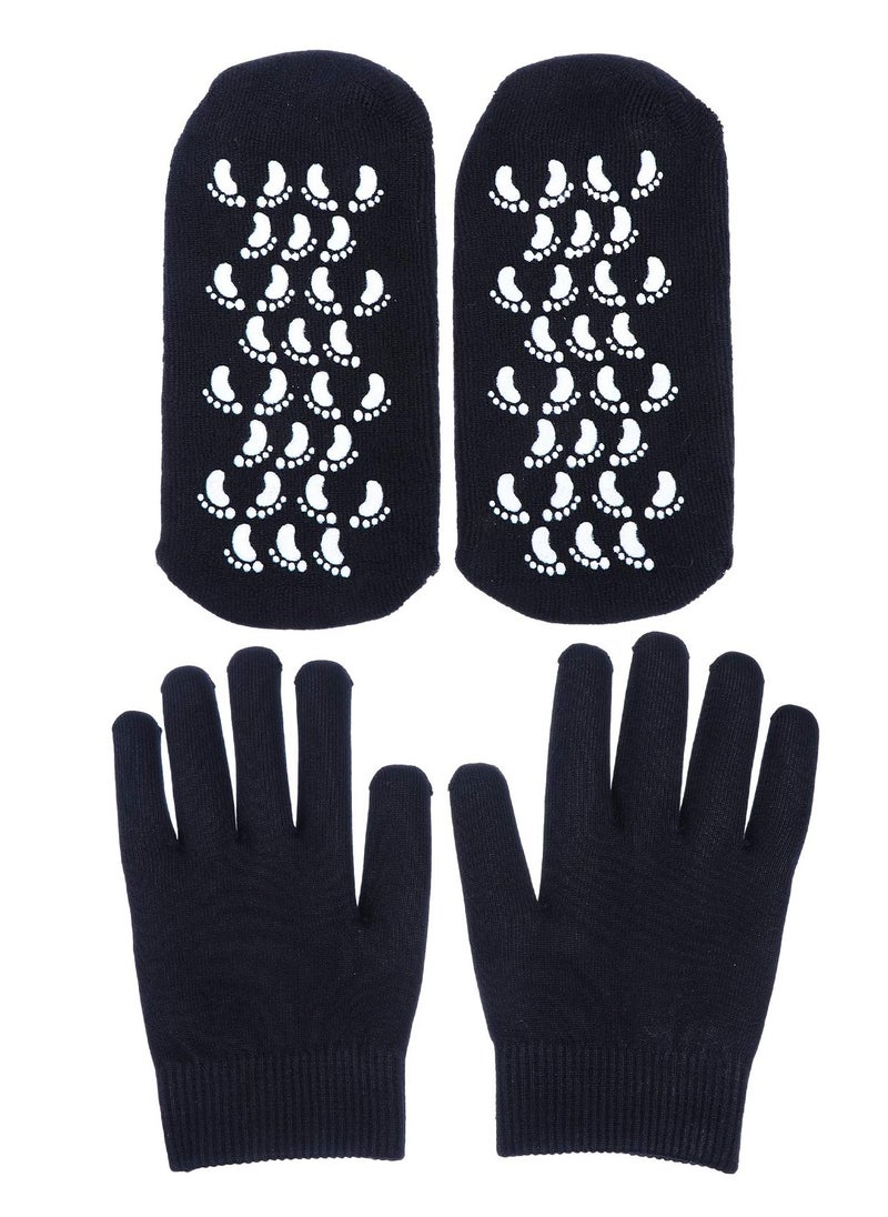 KASTWAVE - Moisturizing Socks and Gloves Set Soft Cotton with Thermoplastic Gel Repair and Heal Eczema Cracked Dry Skin Gel Lining Infused with Essential Oils and Vitamins Large Size  Black - Image 1