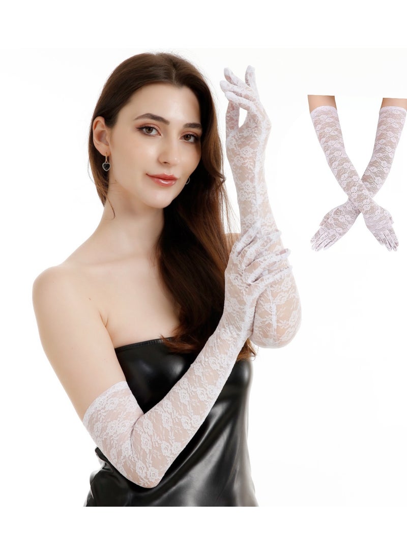 Lace Gloves Long Opera Gloves Elbow Length for Women Party Dress Costume Floral Prom Gloves Wedding_White - Image 1