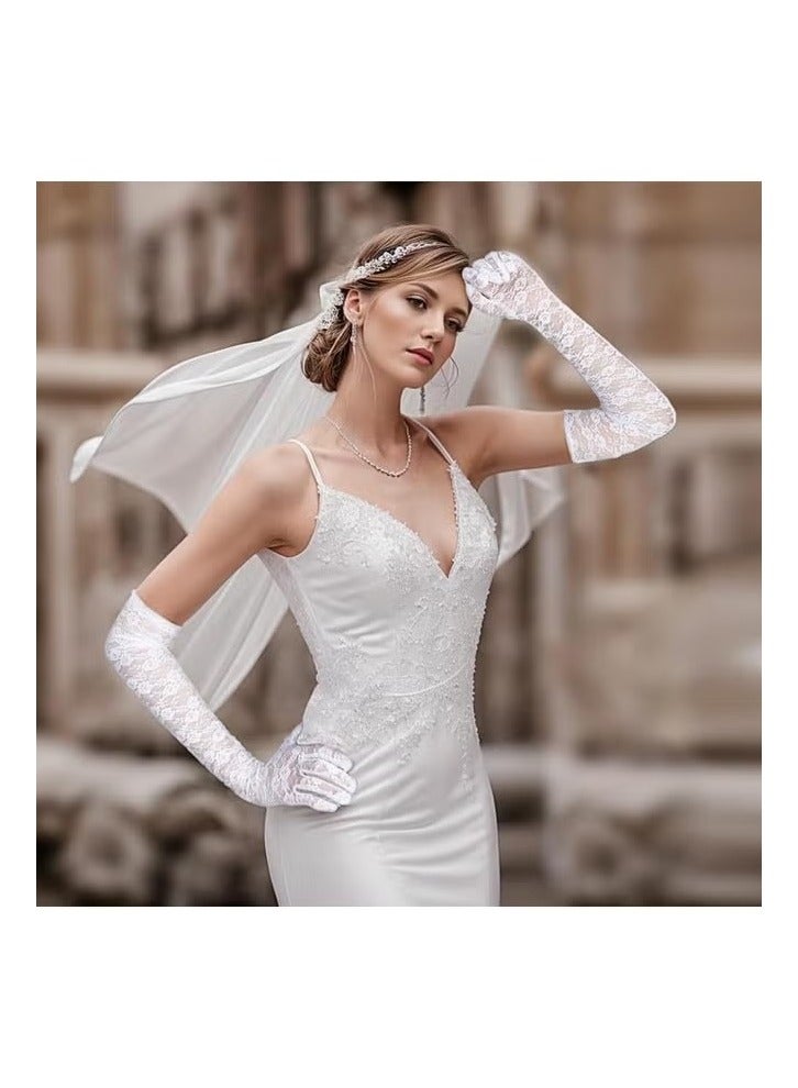 Lace Gloves Long Opera Gloves Elbow Length for Women Party Dress Costume Floral Prom Gloves Wedding_White - Image 3
