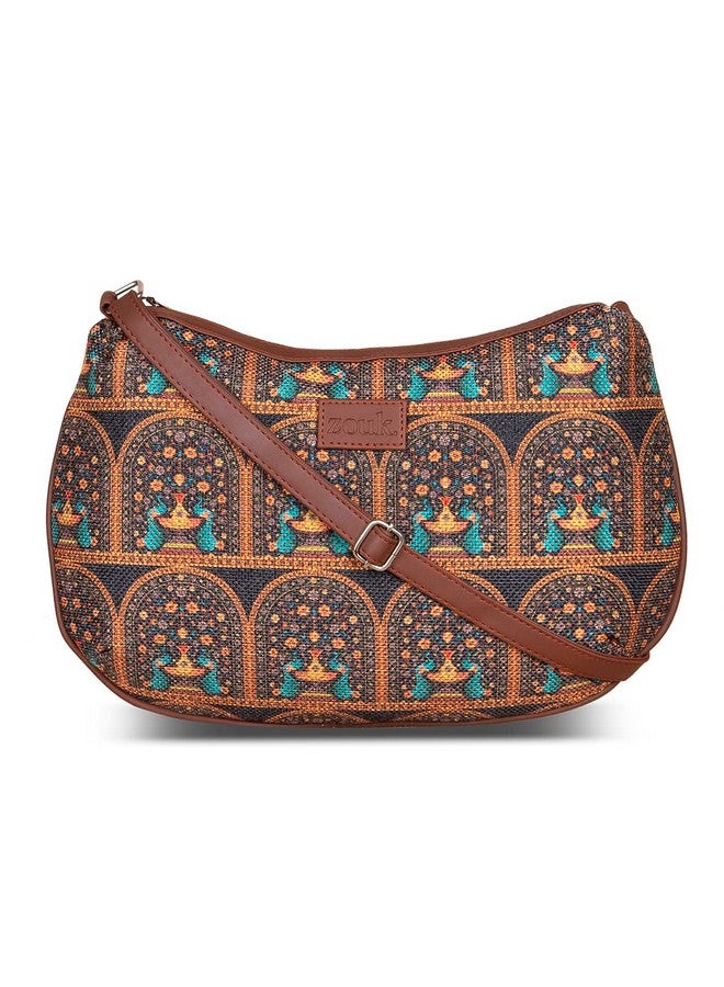 ZOUK حقيبة كتف نسائية مطبوعة بطبعة الطاووس الهندي الملكي من زوك 100% جلد نباتي معتمد من بي.تي.إيه - Image 1