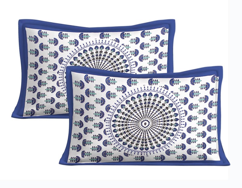 EarlyMart Cotton Rajasthani Jaipuri Traditional Floral King Size Double Bedsheet with 2 Pillow Covers Blue - Image 3