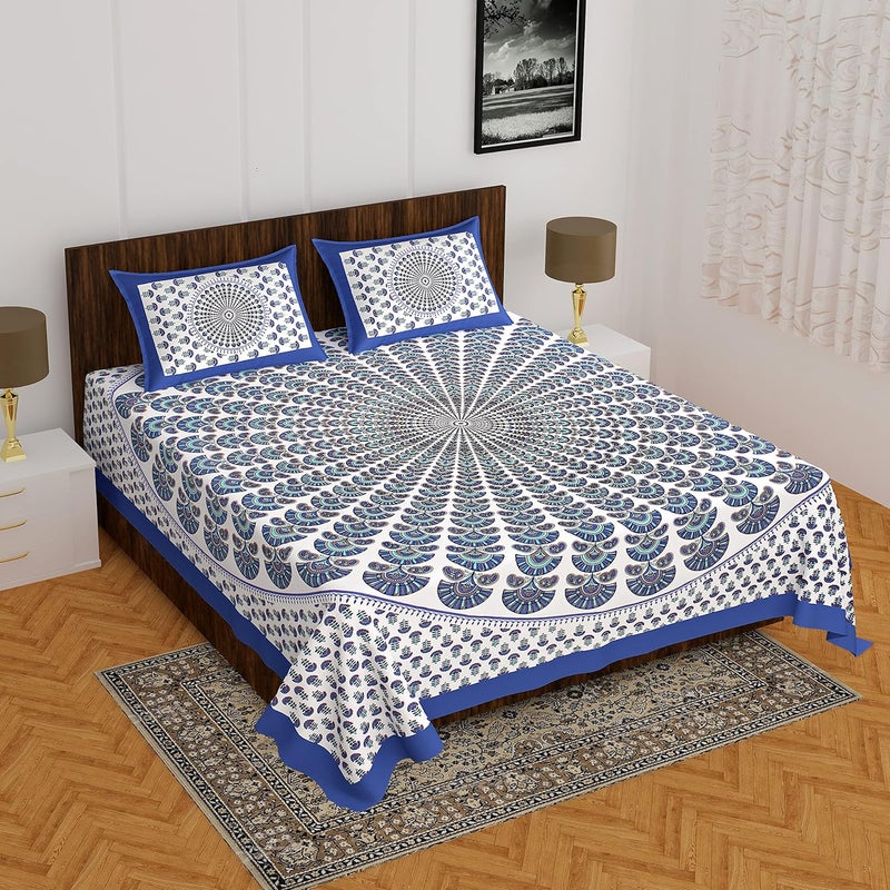 EarlyMart Cotton Rajasthani Jaipuri Traditional Floral King Size Double Bedsheet with 2 Pillow Covers Blue - Image 2