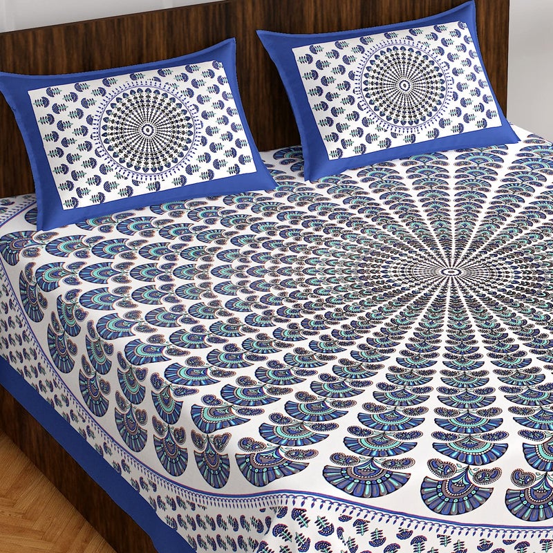 EarlyMart Cotton Rajasthani Jaipuri Traditional Floral King Size Double Bedsheet with 2 Pillow Covers Blue - Image 1