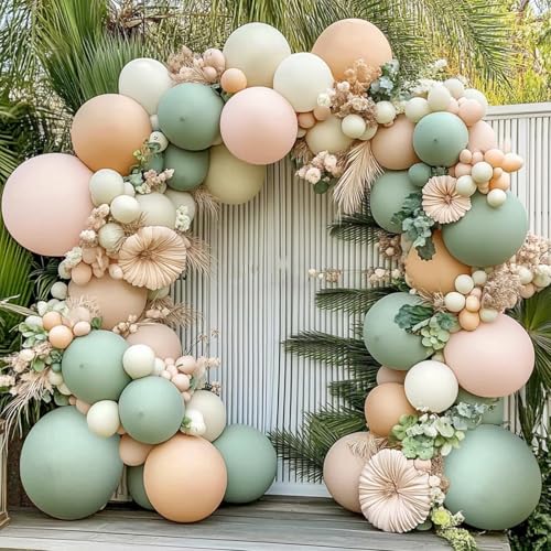 Zesliwy Dusty Green Pink Balloons Arch Kit Mist Fog Green Light Pink Nude Sand White Boho Balloons Garland Kit for Boho Party Bridal Shower Birthday Wedding Decorations - Image 1
