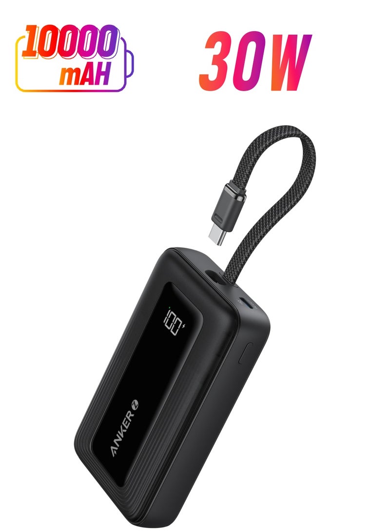 Zolo Power Bank, 10,000mAh 30W High-Speed Portable Charger with Built-In USB-C Cable, Battery Pack For iPhone 16/16 Plus/16 Pro/16 Pro Max/15 Series, Galaxy, and More (Black, 10000 mAh) - Image 1