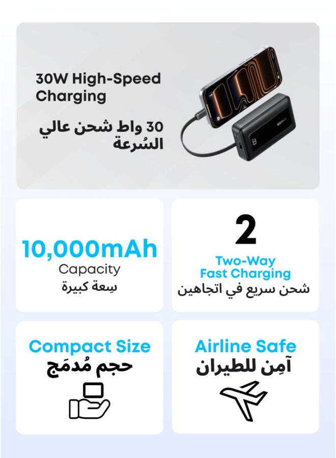 أنكر بنك طاقة زولو، 10,000 مللي أمبير 30 واط شاحن محمول عالي السرعة مع كابل USB-C مدمج، حزمة بطارية لهاتف آيفون 16/16 بلس/16 برو/16 برو ماكس/15 سلسلة، جالاكسي، والمزيد (أسود، 10000 مللي أمبير) - Image 2