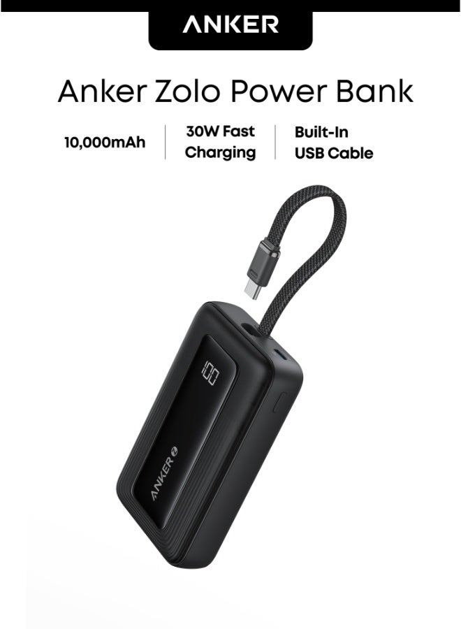 أنكر بنك طاقة زولو، 10,000 مللي أمبير 30 واط شاحن محمول عالي السرعة مع كابل USB-C مدمج، حزمة بطارية لهاتف آيفون 16/16 بلس/16 برو/16 برو ماكس/15 سلسلة، جالاكسي، والمزيد (أسود، 10000 مللي أمبير) - Image 1