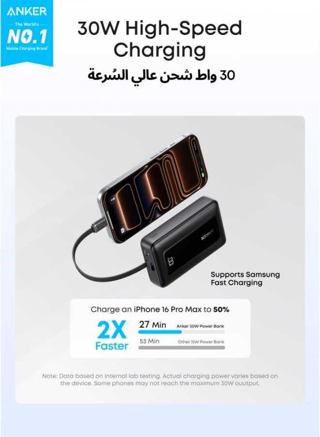 أنكر بنك طاقة زولو، 10,000 مللي أمبير 30 واط شاحن محمول عالي السرعة مع كابل USB-C مدمج، حزمة بطارية لهاتف آيفون 16/16 بلس/16 برو/16 برو ماكس/15 سلسلة، جالاكسي، والمزيد (أسود، 10000 مللي أمبير) - Image 3