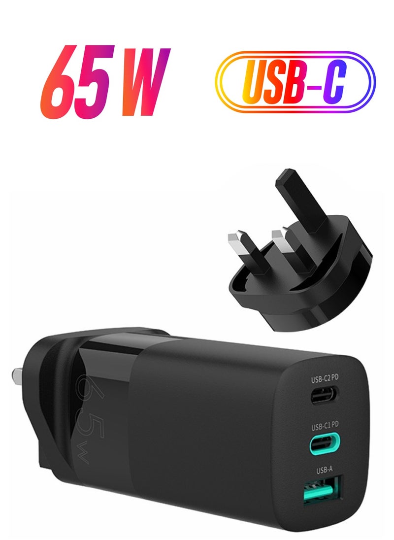 ENZEE TECH 65W GaN Charger 3 Ports USB C Plug Type C PD QC 3.0 Fast Wall Mains Power Delivery Adapter For Laptops, MacBook Pro Air, iPad, iPhone 14,Samsung, Huawei - Black  - Image 1