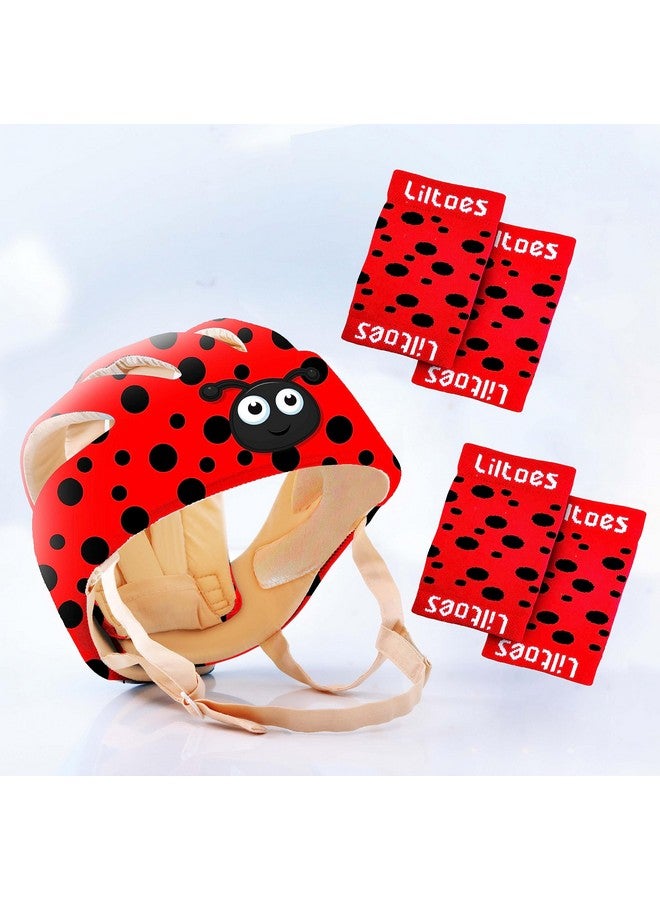 Liltoes Baby Head Protector For Safety Of Kids 6M To 3 Years- Baby Safety Helmet With Proper Air Ventilation & Corner Guard Protection + 1 Pair Knee Pad + 1 Pair Elbow Pad (Polka Lady Bird) - Image 1