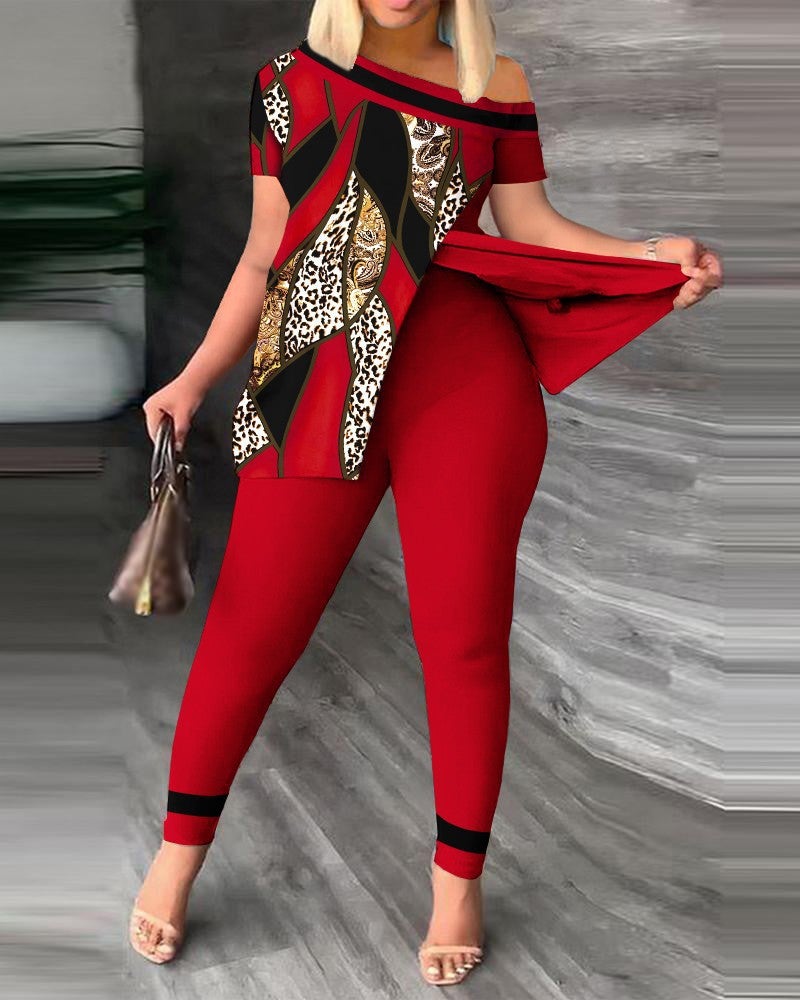2026 Autumn European and American Women's Fashion Two-Piece Set with Slanted Neckline and Printed Pants