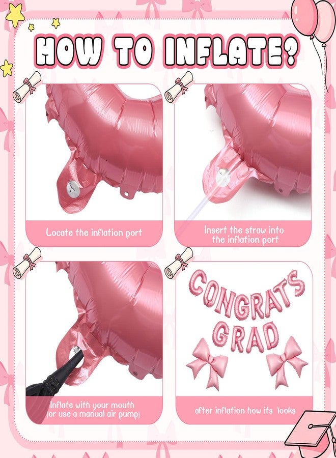 CraftyDream 5 Pcs Bow Graduation Decorations 2026 16 Inch Congrats Grad Balloons 38 Inch Giant Bow Aluminum Foil Balloons with Ribbon Straw for Graduation 2026 Party Decorations(Pink) - Image 3