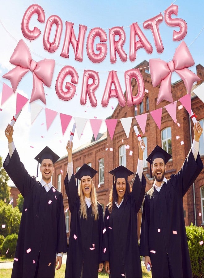CraftyDream 5 Pcs Bow Graduation Decorations 2026 16 Inch Congrats Grad Balloons 38 Inch Giant Bow Aluminum Foil Balloons with Ribbon Straw for Graduation 2026 Party Decorations(Pink) - Image 4