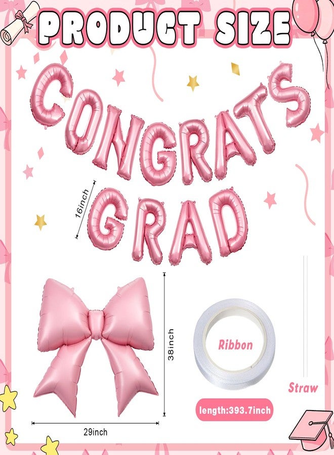 CraftyDream 5 Pcs Bow Graduation Decorations 2026 16 Inch Congrats Grad Balloons 38 Inch Giant Bow Aluminum Foil Balloons with Ribbon Straw for Graduation 2026 Party Decorations(Pink) - Image 2