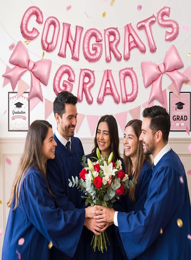 CraftyDream 5 Pcs Bow Graduation Decorations 2026 16 Inch Congrats Grad Balloons 38 Inch Giant Bow Aluminum Foil Balloons with Ribbon Straw for Graduation 2026 Party Decorations(Pink) - Image 5