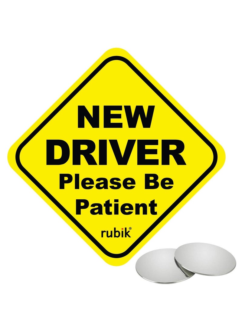 Rubik Magnetic New Driver Car Sign Sticker, New Driver Please Be Patient, Highly Reflective Removable and Reusable, with Blind Spot Mirror, for Beginner Car SUV Van Drivers (15x15cm)  - Image 1
