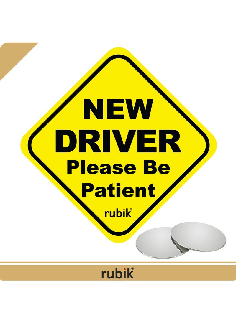 Rubik Magnetic New Driver Car Sign Sticker, New Driver Please Be Patient, Highly Reflective Removable and Reusable, with Blind Spot Mirror, for Beginner Car SUV Van Drivers (15x15cm)  - Image 2