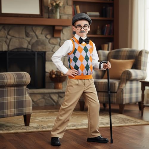 Liitrsh 8 Pcs Old Man Costume for Kids Grandpa Costume 100 Days of School Halloween Vest and Pants for Boys1113 YearsYellow Green Plaid - Image 5