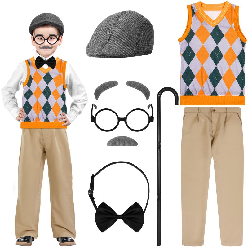 Liitrsh 8 Pcs Old Man Costume for Kids Grandpa Costume 100 Days of School Halloween Vest and Pants for Boys1113 YearsYellow Green Plaid - Image 3