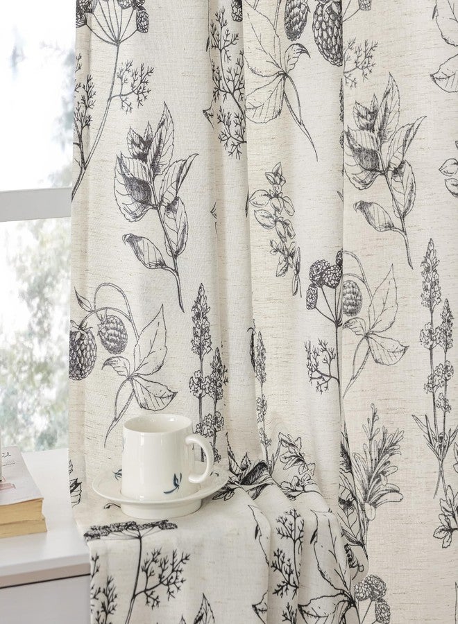 FMFUNCTEX Linen Curtains Floral Patterned Curtains for Bedroom Living Room, Black Curtains 84 Inches Long Farmhouse Curtains, Light Filtering Beige Window Curtain Grommet Top 2 Panels Set - Image 2