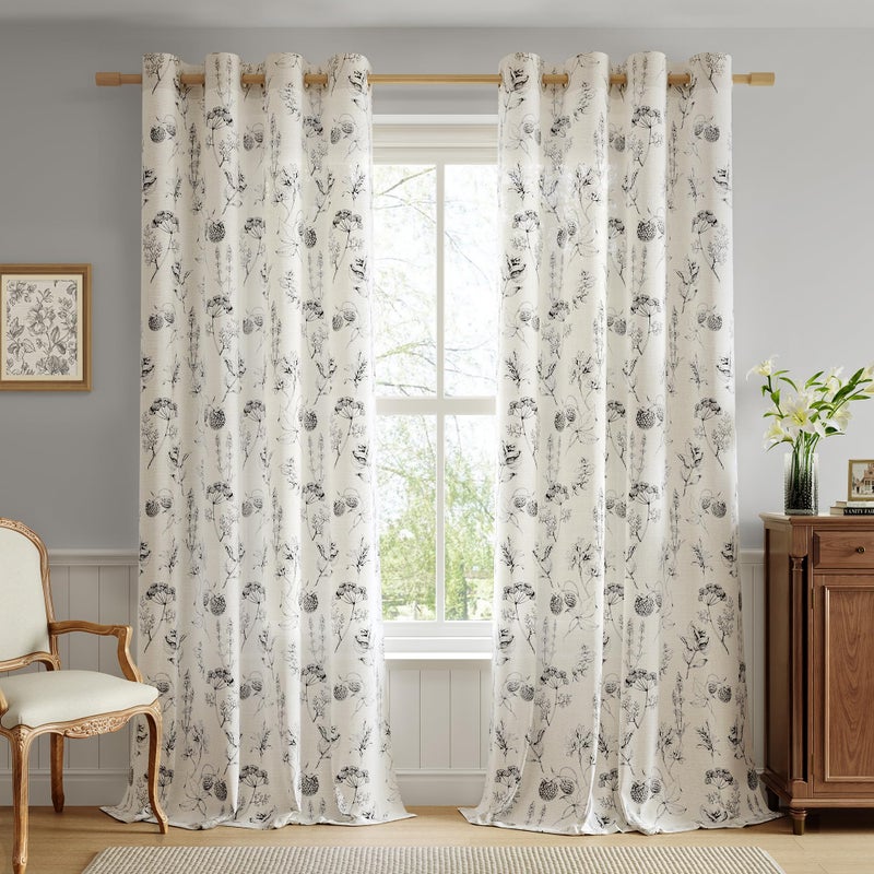 FMFUNCTEX Linen Curtains Floral Patterned Curtains for Bedroom Living Room, Black Curtains 84 Inches Long Farmhouse Curtains, Light Filtering Beige Window Curtain Grommet Top 2 Panels Set - Image 1