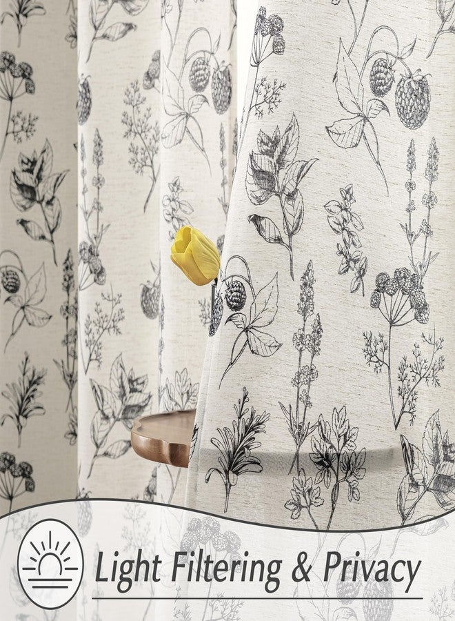 FMFUNCTEX Linen Curtains Floral Patterned Curtains for Bedroom Living Room, Black Curtains 84 Inches Long Farmhouse Curtains, Light Filtering Beige Window Curtain Grommet Top 2 Panels Set - Image 3
