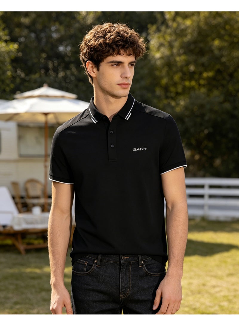 GANT Men Double White Piping Collar Short Sleeve Polo Shirt Smart Casual Regular Fit Office Night Out Daily Black - Image 5