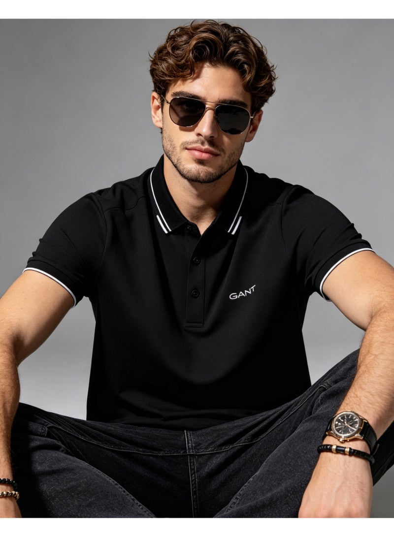 GANT Men Double White Piping Collar Short Sleeve Polo Shirt Smart Casual Regular Fit Office Night Out Daily Black - Image 3