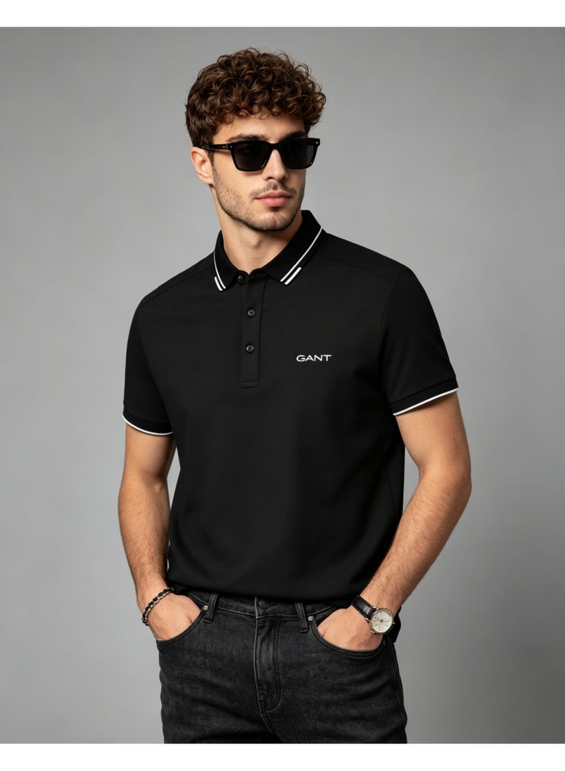GANT Men Double White Piping Collar Short Sleeve Polo Shirt Smart Casual Regular Fit Office Night Out Daily Black - Image 1