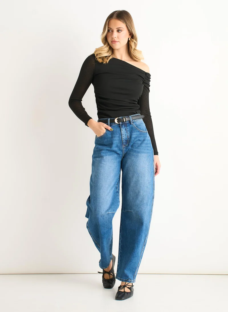 Black Jersey Slash Neck Long Sleeve Top