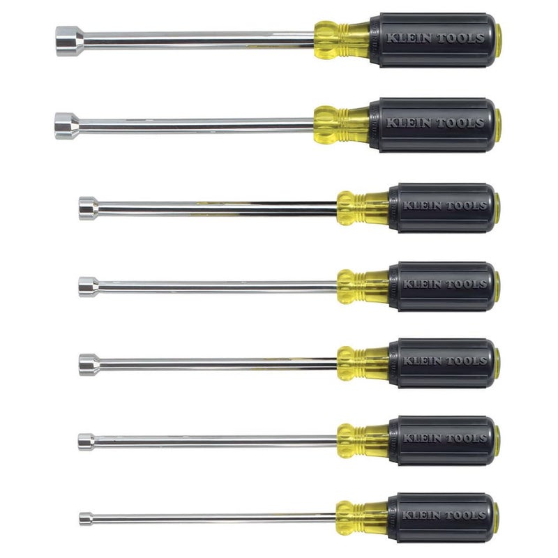Klein Tools 647 Tool Set Made in USA Nut Drivers Sizes 316 14 516 1132 38 716 12Inch ChromePlated 6Inch Shafts Cushion Grip 7Piece