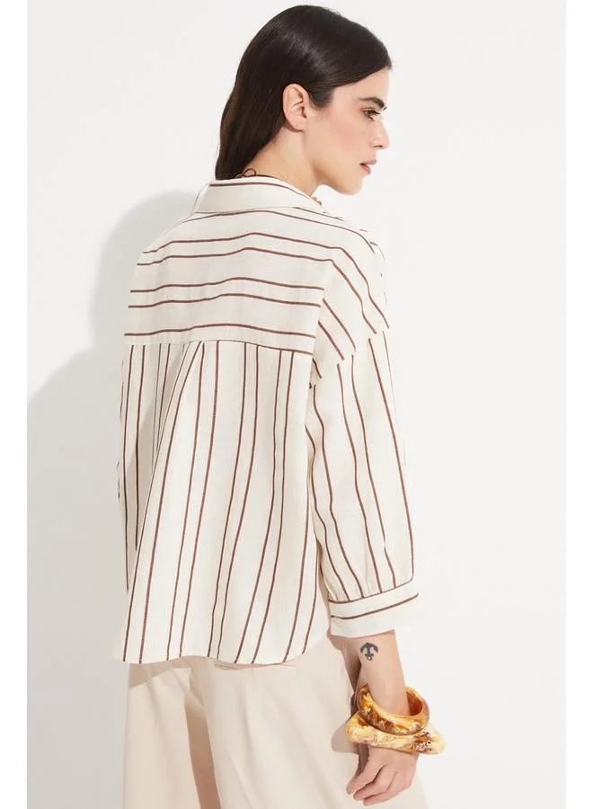 جون June Women Viscose Blend Striped Shirt Brown