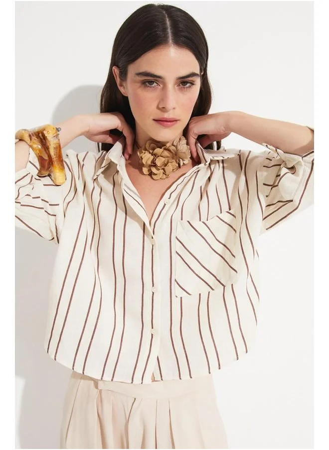 جون June Women Viscose Blend Striped Shirt Brown