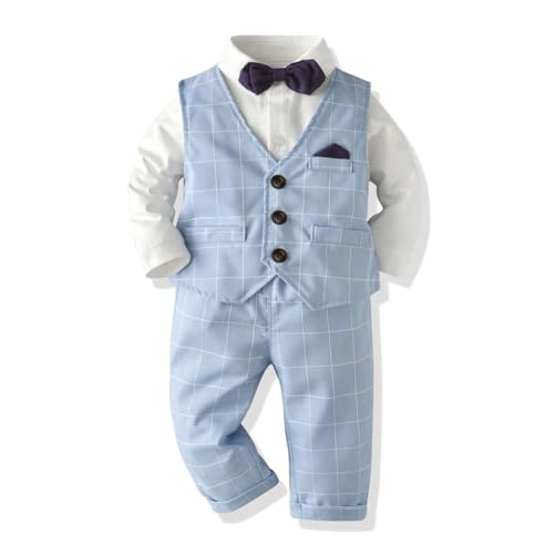 Volunboy Infant Gentleman Dress Romper Suit 12-18 Months Toddler Blue Formal Wedding Outfit Baby Boy 3 Piece Long Sleeve Vest Shirt and Pants Set (Blue Plaid, 12-18 Months) - Image 1