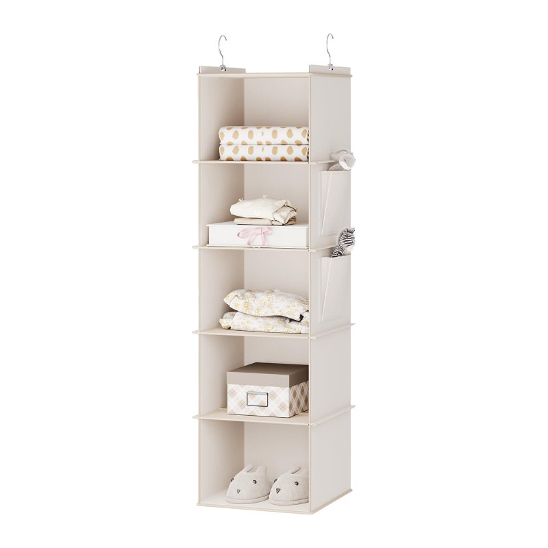 YOUDENOVA Hanging Storage 5 Shelves Closet Organizers and Storage Foldable Hanging Shelves with Side Pockets Wardrobe Storage Organizer for Clothes Beige