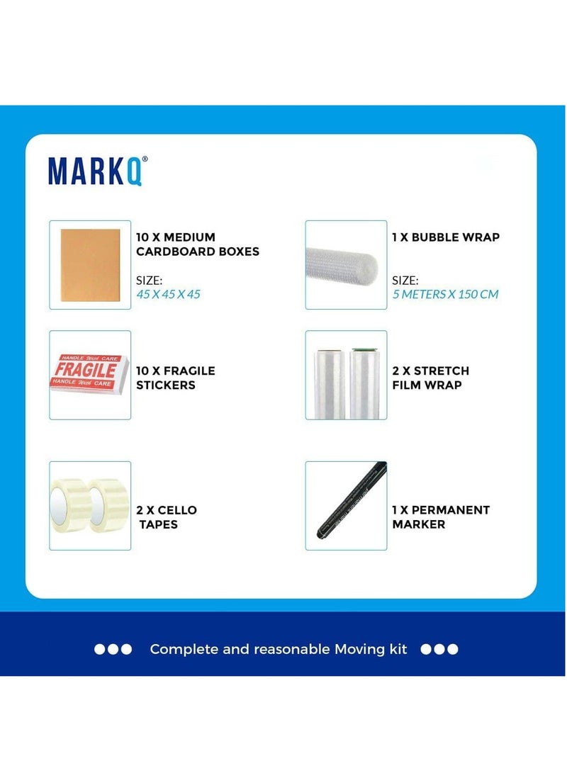 مارك [10 صناديق] صناديق من الورق المقوى المموج متوسطة الحجم مقاس 45 × 45 × 45 سم وقابلة لإعادة التدوير بنسبة 100٪ مع غلاف فقاعي، وفيلم مطاطي، وشريط، وعلامة، وملصقات هشة - مجموعة متحركة/كرتون بني (متوسط) - Image 2